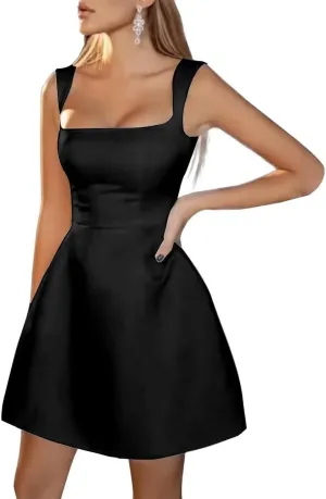 Strap Satin Short Prom Dresses for Women A Line Sleeveless Homecoming Dress Square Neck Mini Cocktail Party Gown