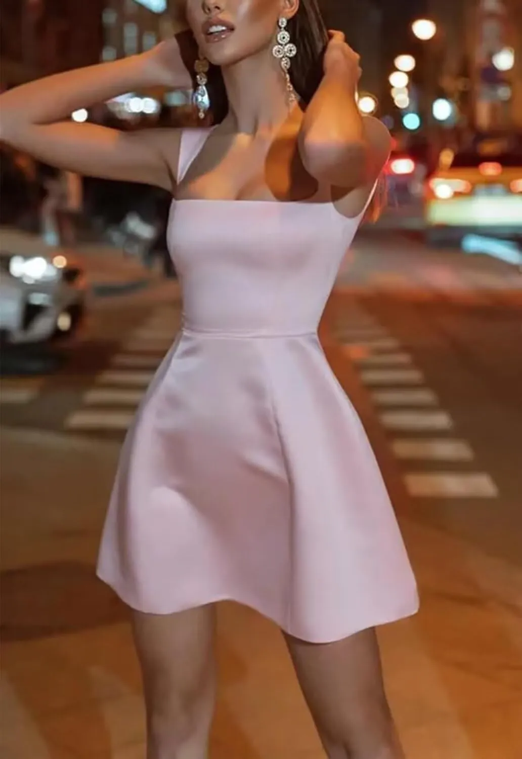Strap Satin Short Prom Dresses for Women A Line Sleeveless Homecoming Dress Square Neck Mini Cocktail Party Gown