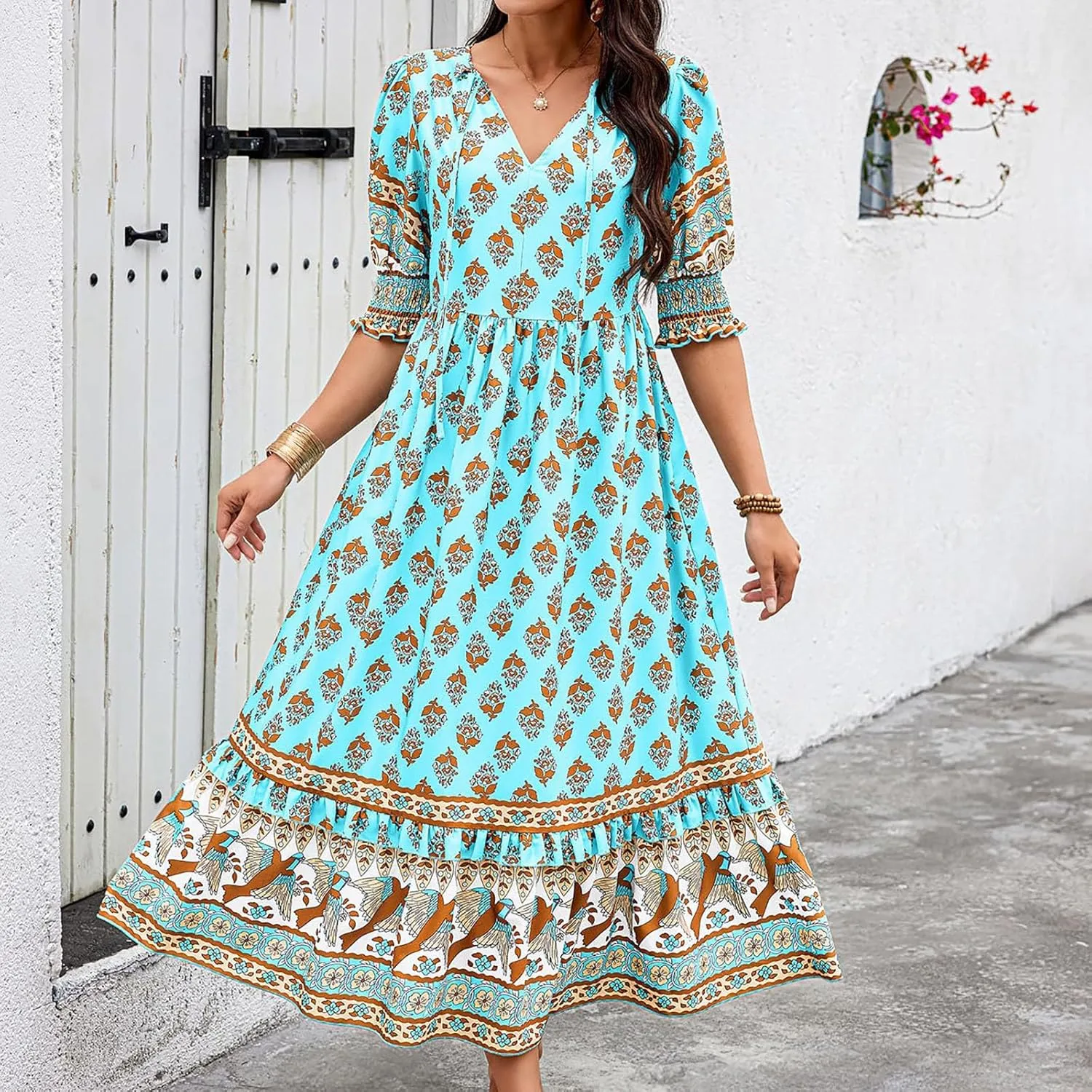 Summer Boho Ruffle Dresses for Women 2025 V Neck Puff Sleeve Smocked Maxi Dresses Casual Floral Print Midi Dress