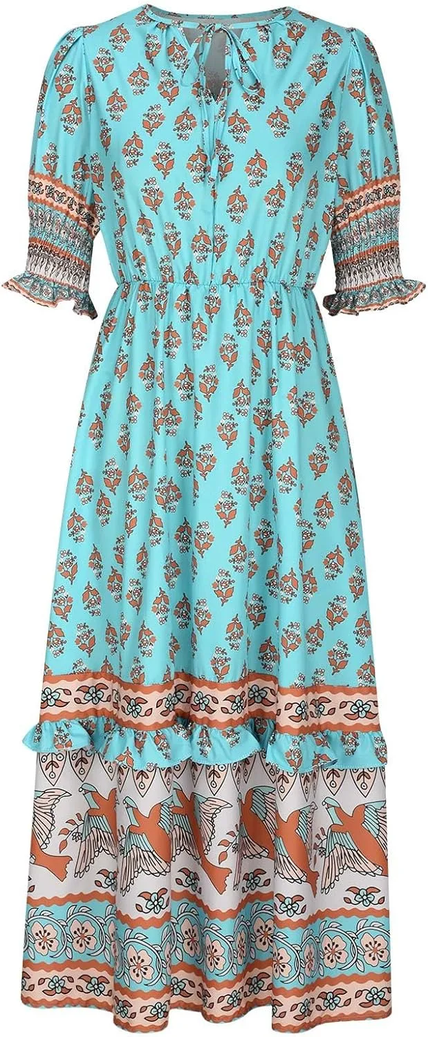 Summer Boho Ruffle Dresses for Women 2025 V Neck Puff Sleeve Smocked Maxi Dresses Casual Floral Print Midi Dress