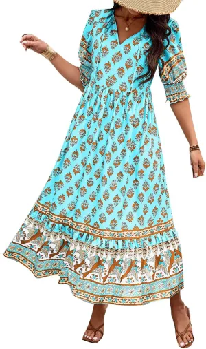 Summer Boho Ruffle Dresses for Women 2025 V Neck Puff Sleeve Smocked Maxi Dresses Casual Floral Print Midi Dress