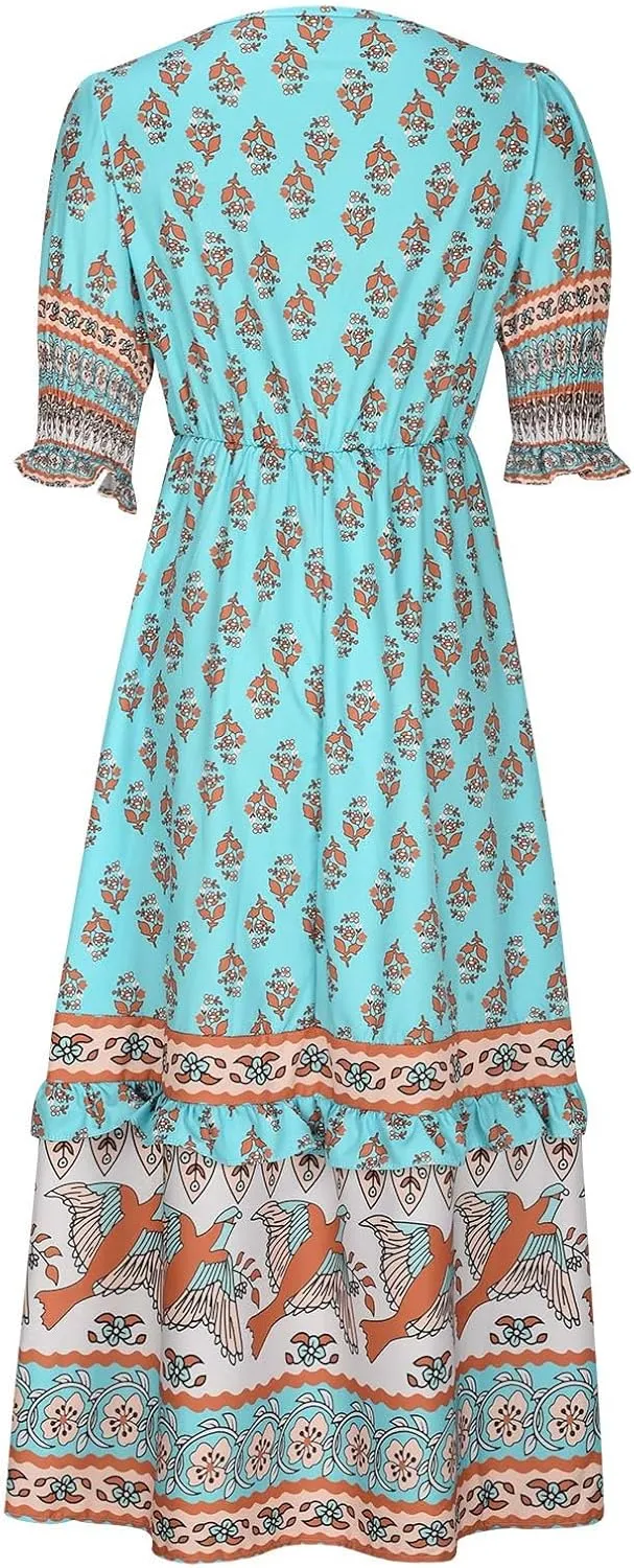 Summer Boho Ruffle Dresses for Women 2025 V Neck Puff Sleeve Smocked Maxi Dresses Casual Floral Print Midi Dress