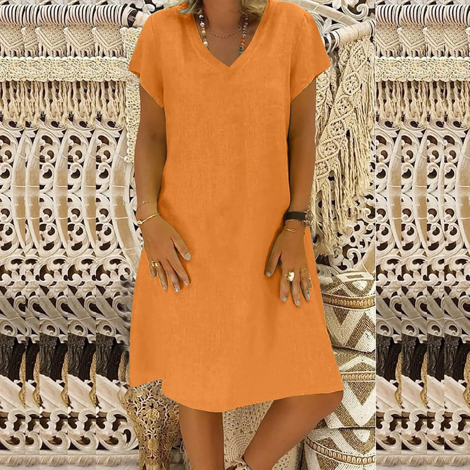 Summer Cotton Linen Dress for Women 2024 Casual Short Sleeve Knee Length Dresses Loose Vintage A Line Sundress