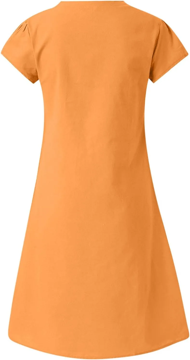 Summer Cotton Linen Dress for Women 2024 Casual Short Sleeve Knee Length Dresses Loose Vintage A Line Sundress