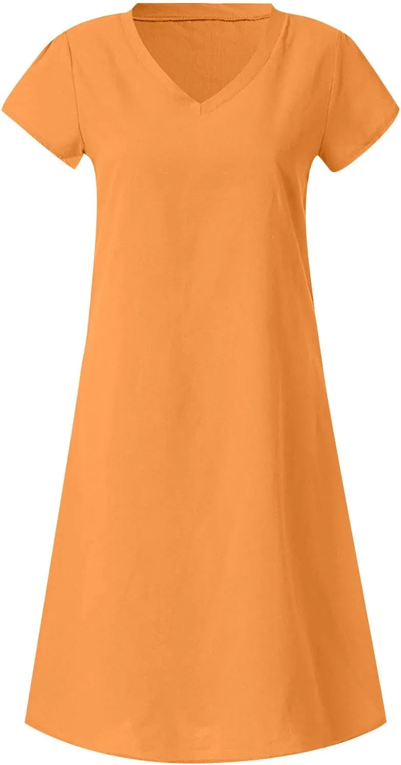 Summer Cotton Linen Dress for Women 2024 Casual Short Sleeve Knee Length Dresses Loose Vintage A Line Sundress