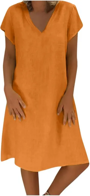 Summer Cotton Linen Dress for Women 2024 Casual Short Sleeve Knee Length Dresses Loose Vintage A Line Sundress