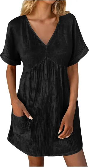 Summer Dresses for Women 2024 Trendy Casual V-Neck Short Sleeve Solid Sundress Loose Comfy Beach Dress with Pockets