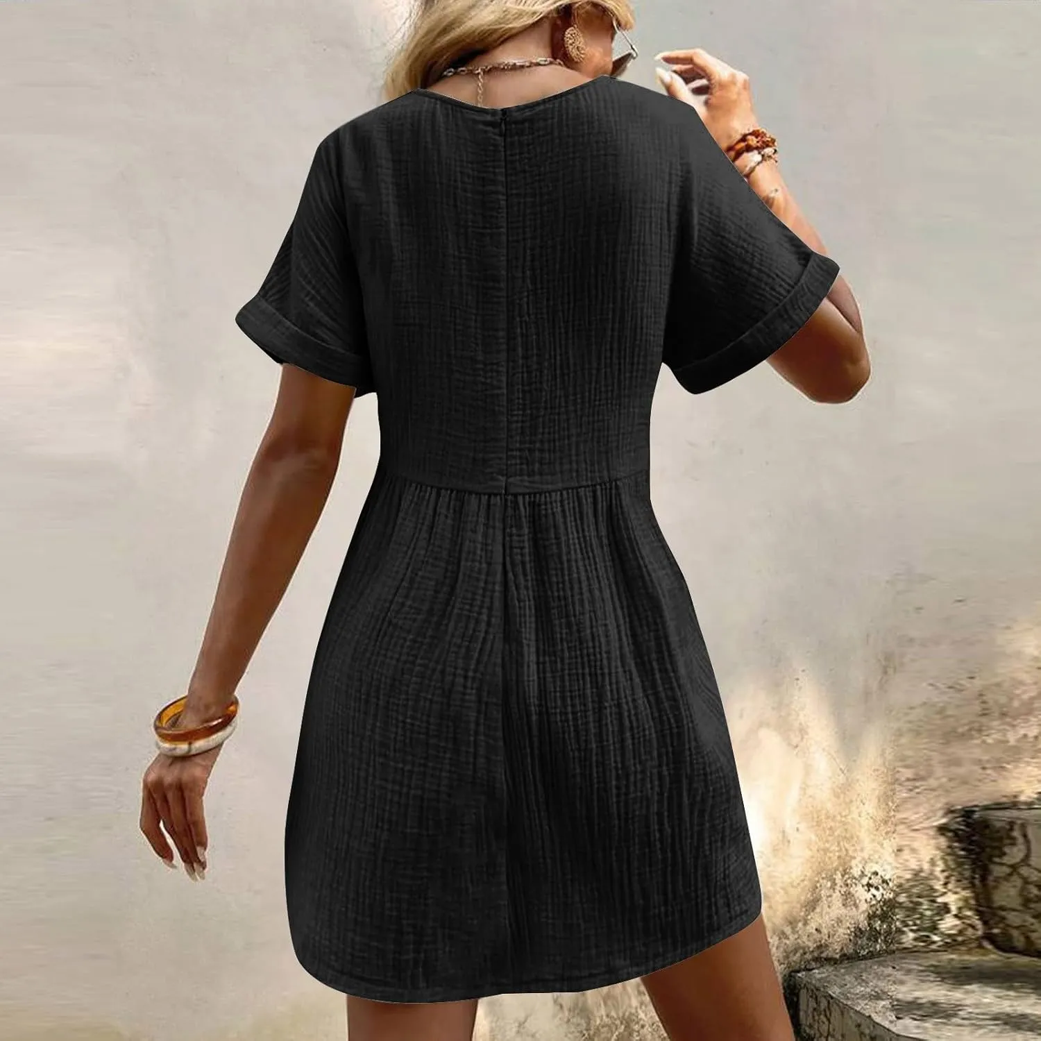 Summer Dresses for Women 2024 Trendy Casual V-Neck Short Sleeve Solid Sundress Loose Comfy Beach Dress with Pockets