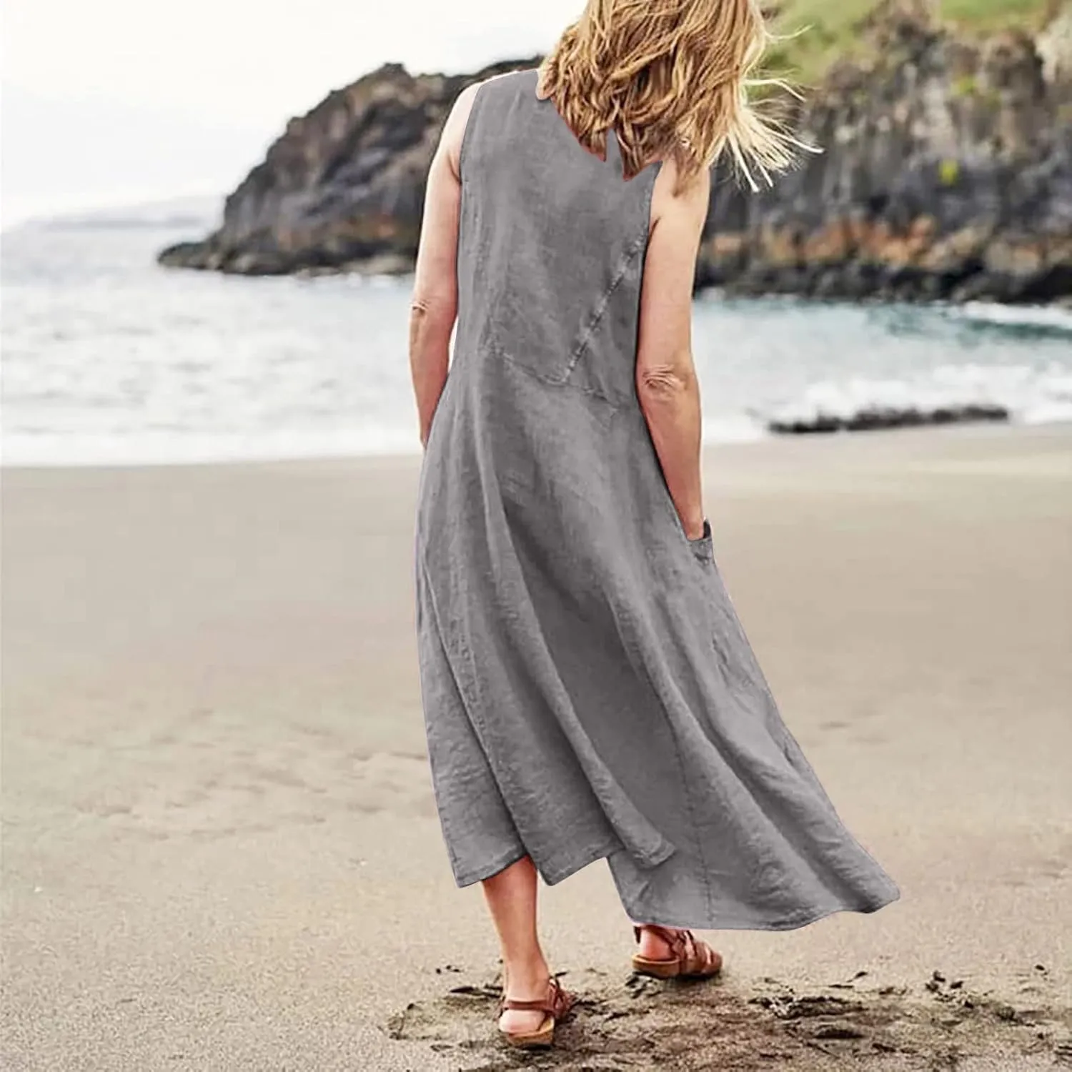 Summer Dresses for Women 2025 Linen Maxi Dresses Flowy Sleeveless Sundress with Pockets U Neck Boho Dress for Beach