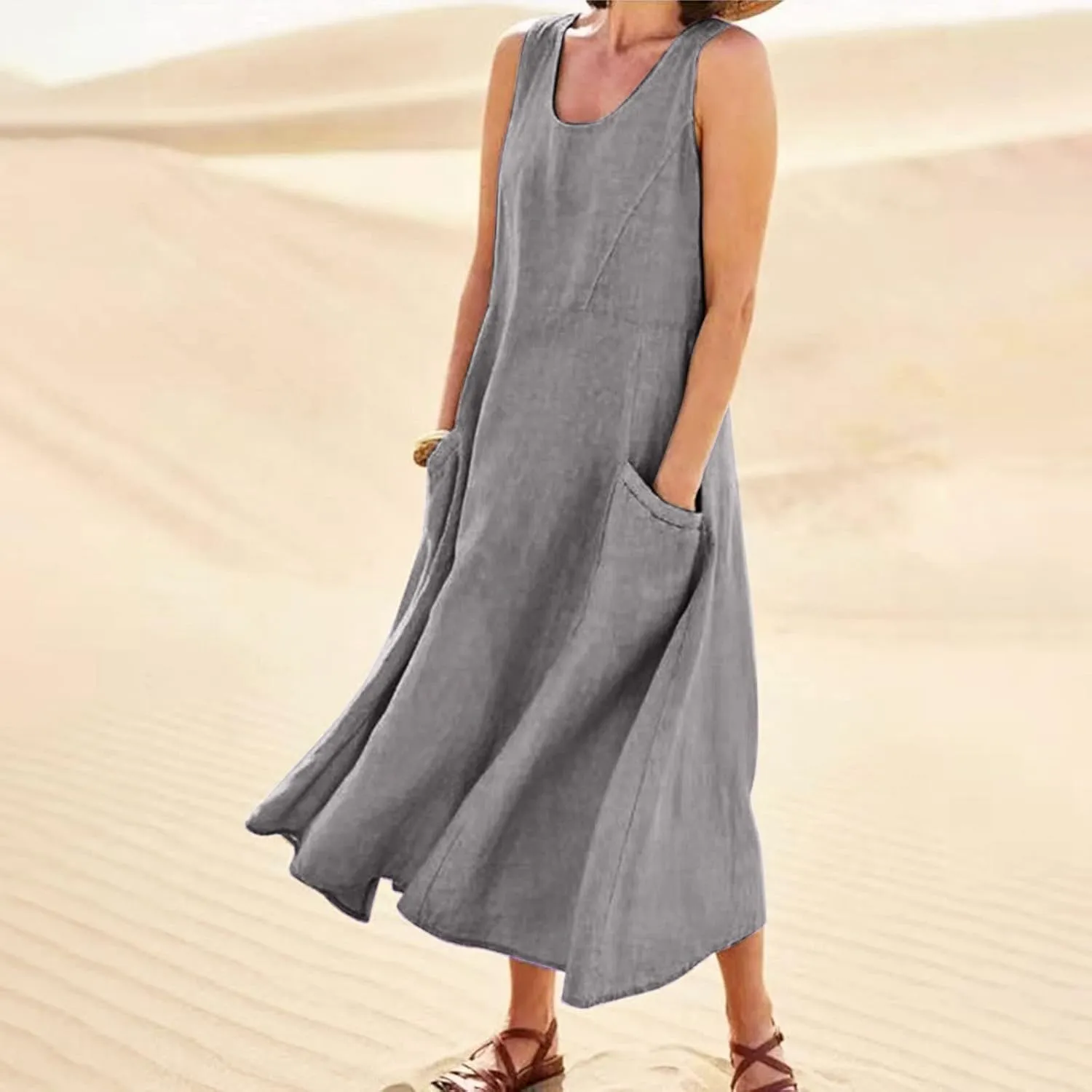 Summer Dresses for Women 2025 Linen Maxi Dresses Flowy Sleeveless Sundress with Pockets U Neck Boho Dress for Beach
