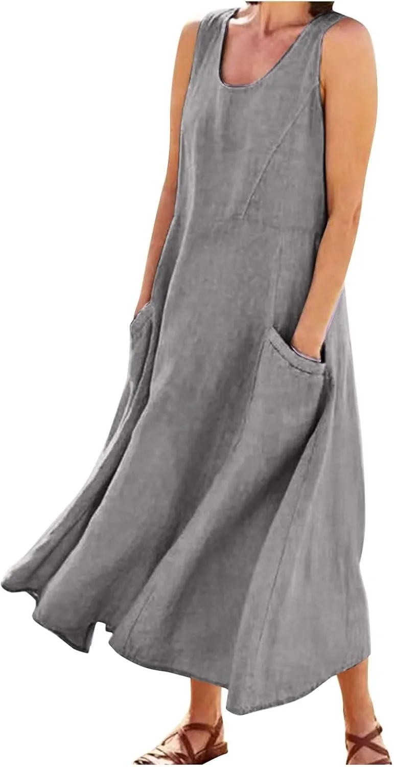 Summer Dresses for Women 2025 Linen Maxi Dresses Flowy Sleeveless Sundress with Pockets U Neck Boho Dress for Beach