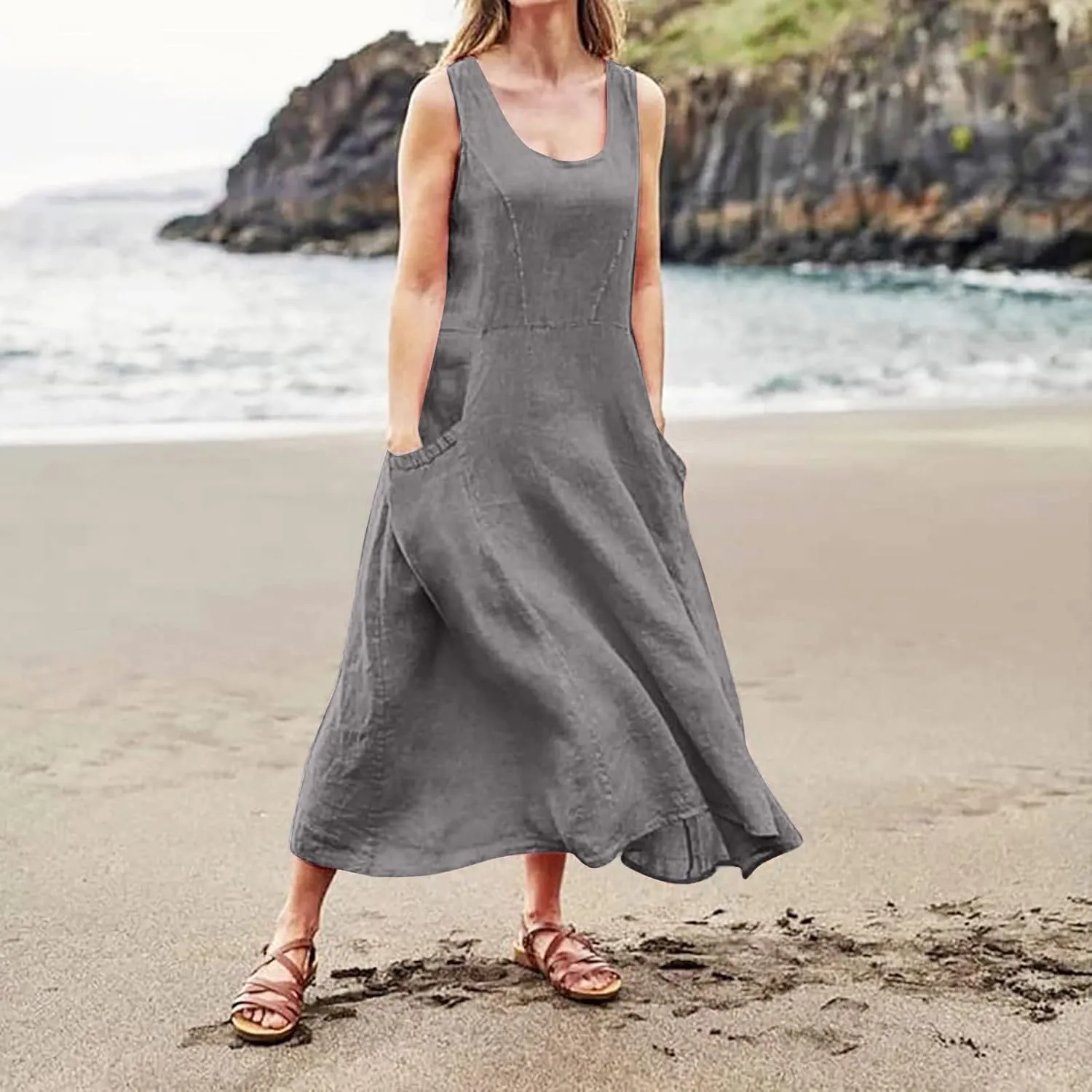 Summer Dresses for Women 2025 Linen Maxi Dresses Flowy Sleeveless Sundress with Pockets U Neck Boho Dress for Beach