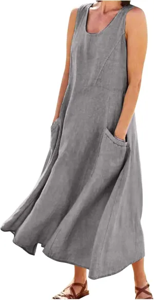Summer Dresses for Women 2025 Linen Maxi Dresses Flowy Sleeveless Sundress with Pockets U Neck Boho Dress for Beach