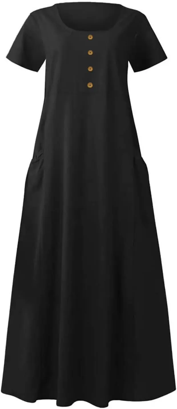 Summer Dresses for Women 2025 Short Sleeve Cotton Linen Maxi Dress Plus Size Crewneck Boho Dresses with Pockets