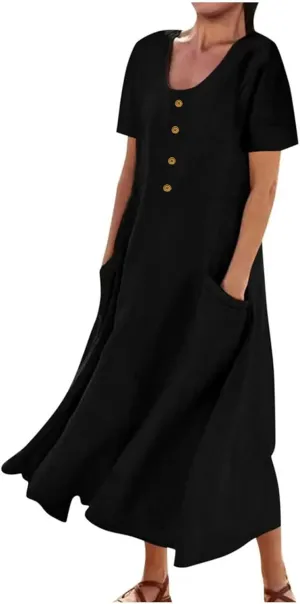Summer Dresses for Women 2025 Short Sleeve Cotton Linen Maxi Dress Plus Size Crewneck Boho Dresses with Pockets