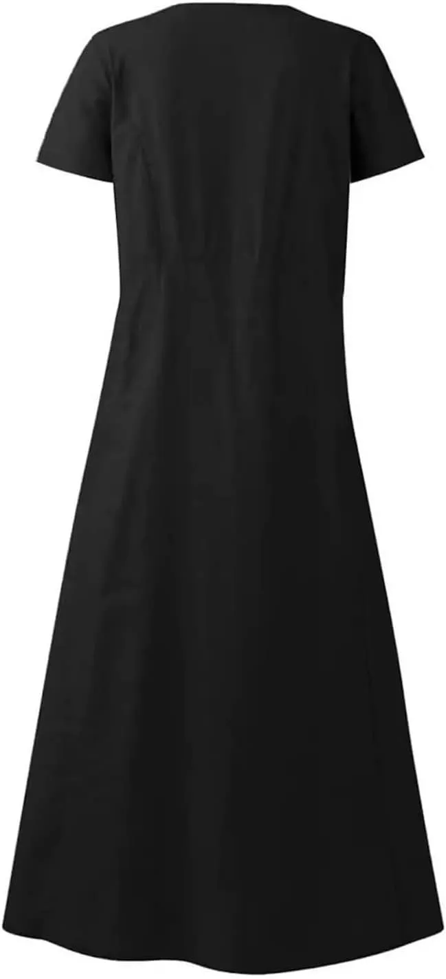 Summer Dresses for Women 2025 Short Sleeve Cotton Linen Maxi Dress Plus Size Crewneck Boho Dresses with Pockets