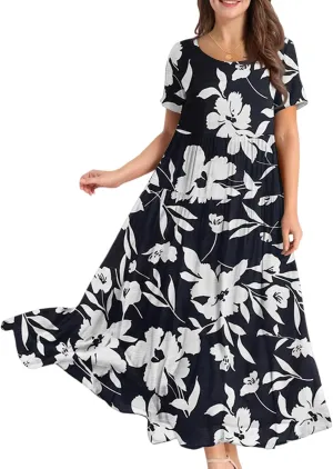 Summer Dresses for Women 2025 Short Sleeve Long Maxi Casual Loose Bohemian Floral Dresses;Womens Fashion