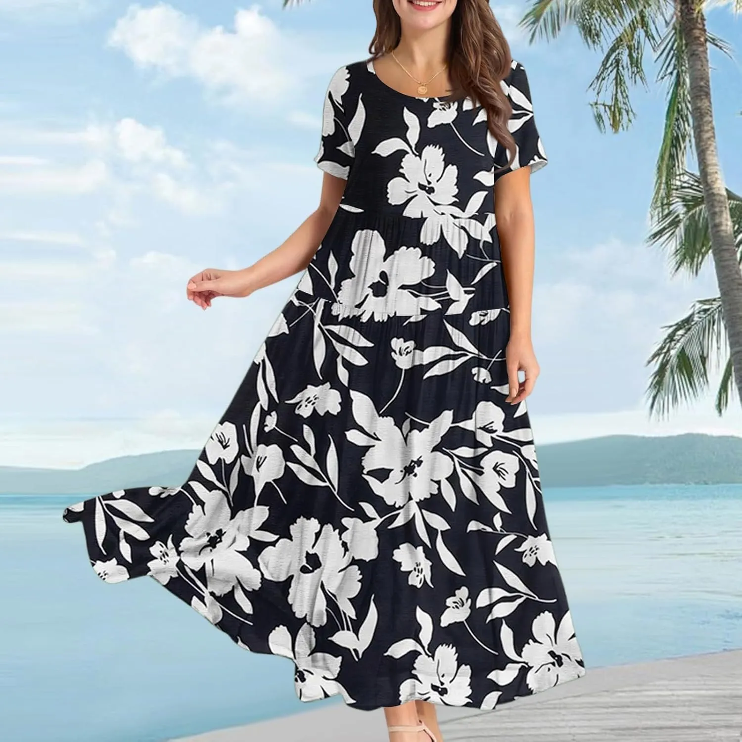 Summer Dresses for Women 2025 Short Sleeve Long Maxi Casual Loose Bohemian Floral Dresses;Womens Fashion