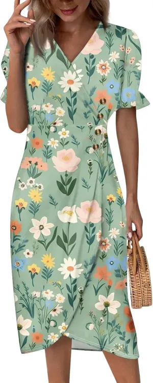 Summer Dresses for Women 2025 Short Sleeve V Neck Flowy Ruched Hawaiian Casual Floral A-Line Boho Dress Midi Sundress