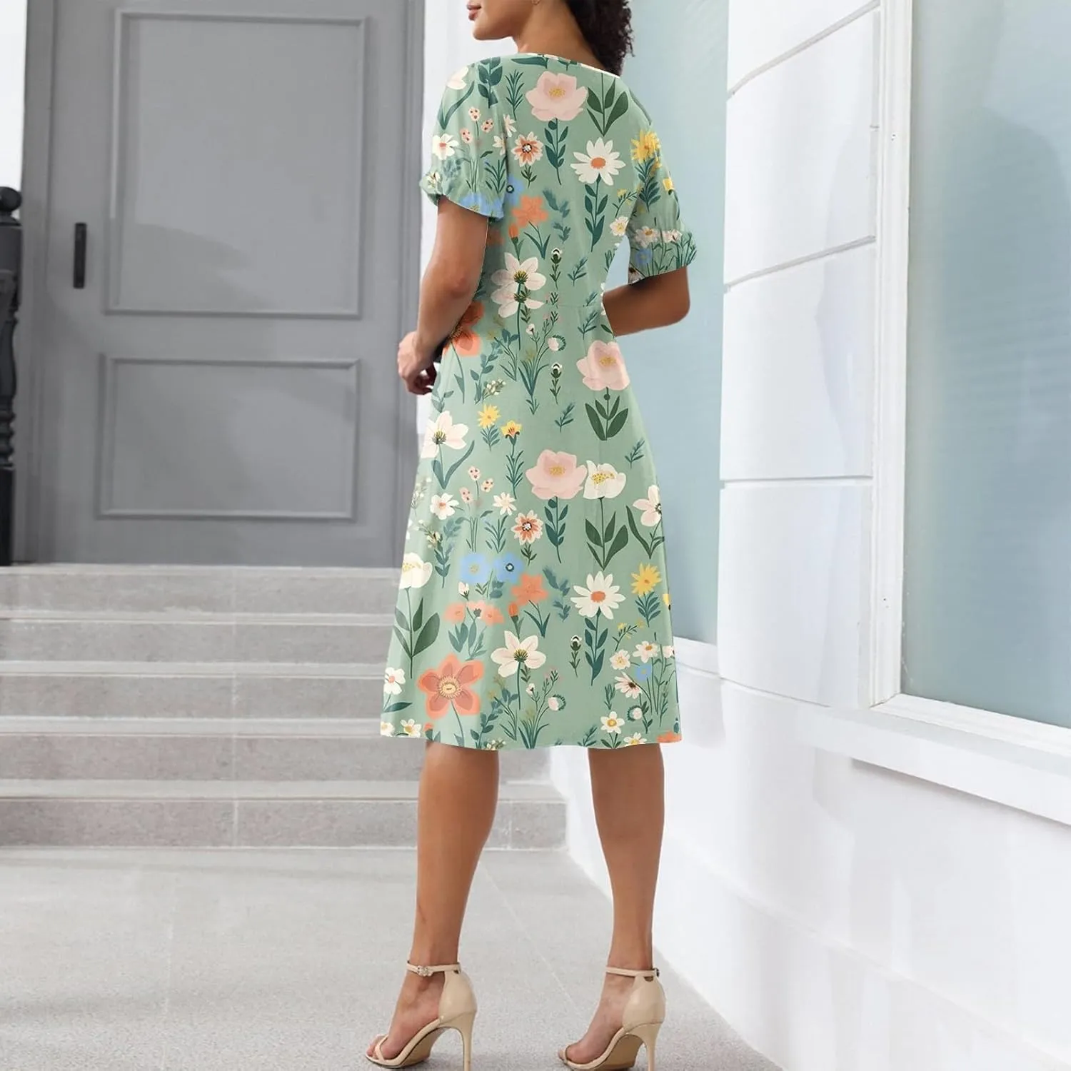 Summer Dresses for Women 2025 Short Sleeve V Neck Flowy Ruched Hawaiian Casual Floral A-Line Boho Dress Midi Sundress