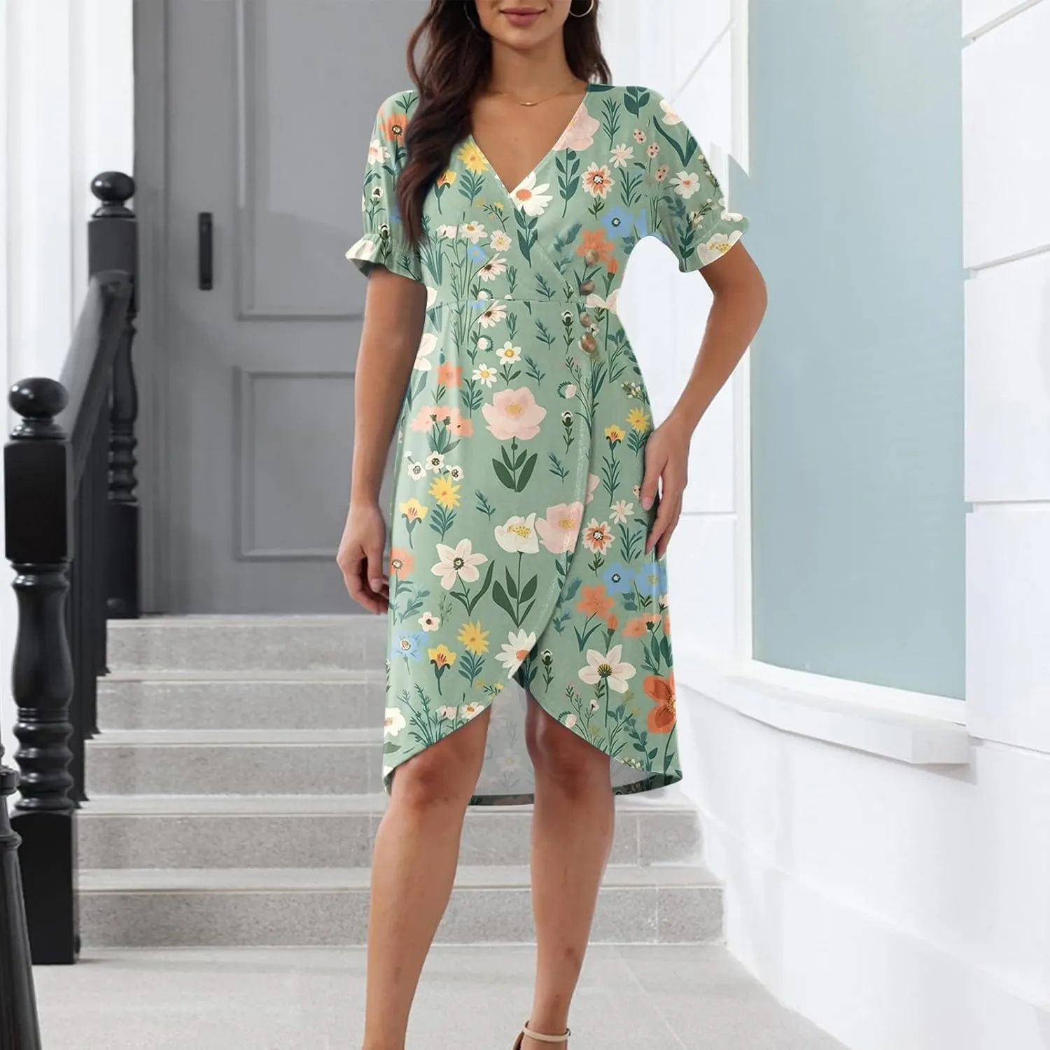 Summer Dresses for Women 2025 Short Sleeve V Neck Flowy Ruched Hawaiian Casual Floral A-Line Boho Dress Midi Sundress