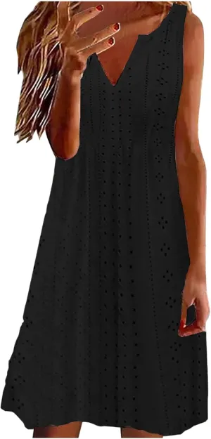 Summer Dresses for Women 2025 Trendy Casual V-Neck Sleeveless Solid Color Beach Sundress Loose Vacation Eyelet Dress