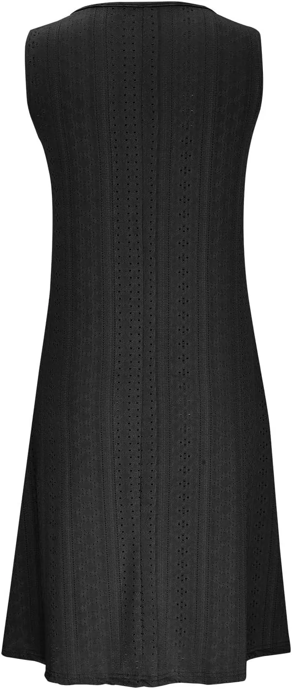 Summer Dresses for Women 2025 Trendy Casual V-Neck Sleeveless Solid Color Beach Sundress Loose Vacation Eyelet Dress
