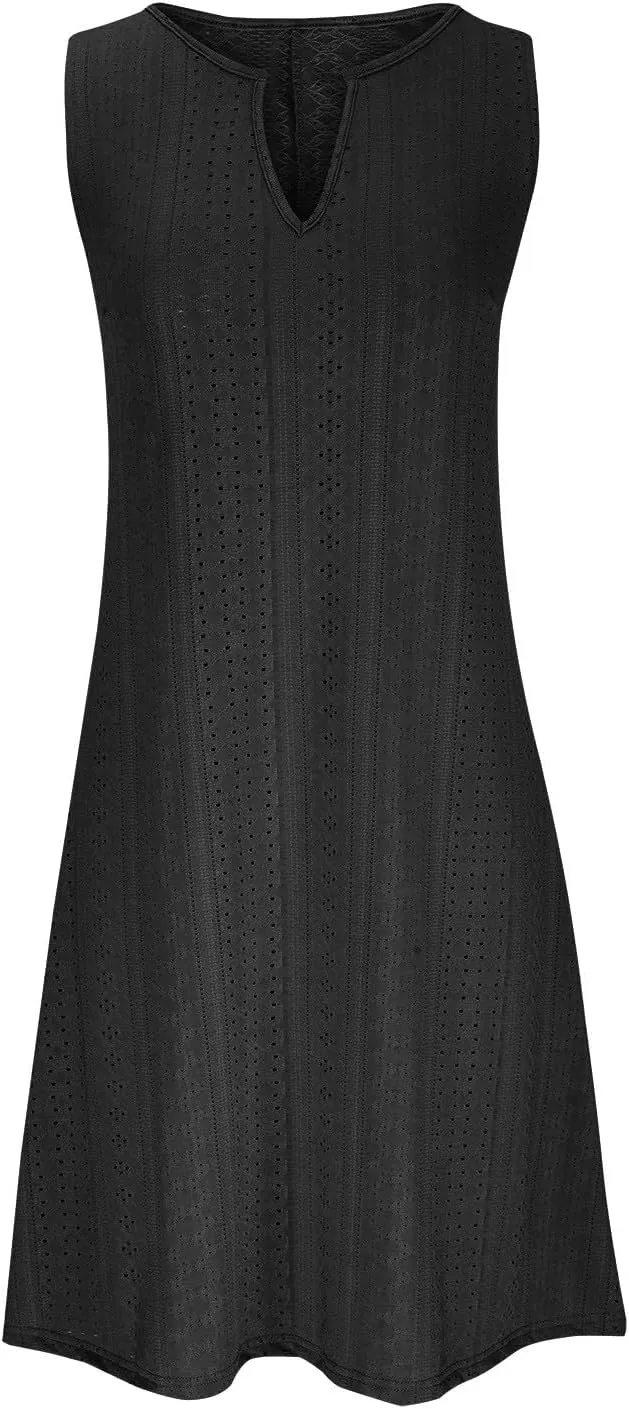Summer Dresses for Women 2025 Trendy Casual V-Neck Sleeveless Solid Color Beach Sundress Loose Vacation Eyelet Dress