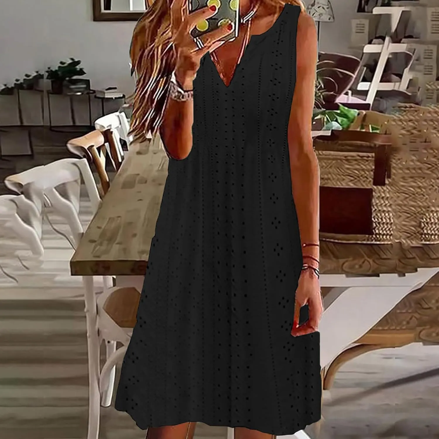 Summer Dresses for Women 2025 Trendy Casual V-Neck Sleeveless Solid Color Beach Sundress Loose Vacation Eyelet Dress