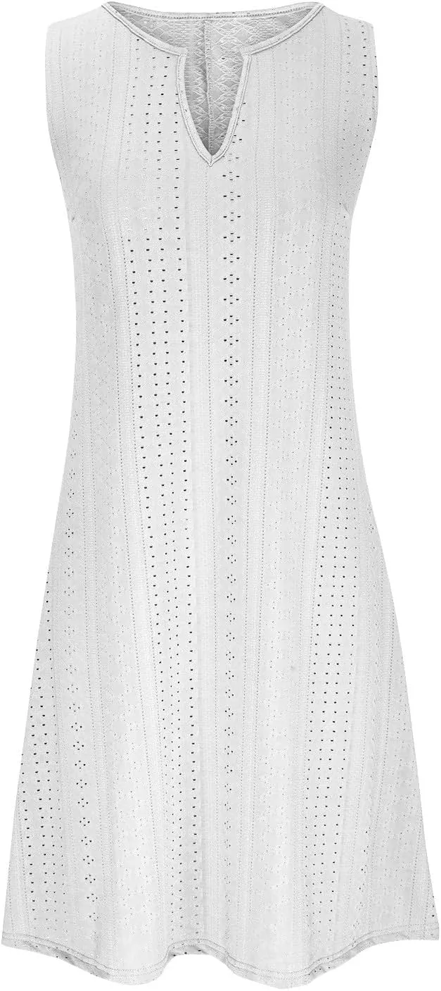 Summer Dresses for Women 2025 Trendy Casual V-Neck Sleeveless Solid Color Beach Sundress Loose Vacation Eyelet Dress