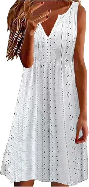 Summer Dresses for Women 2025 Trendy Casual V-Neck Sleeveless Solid Color Beach Sundress Loose Vacation Eyelet Dress