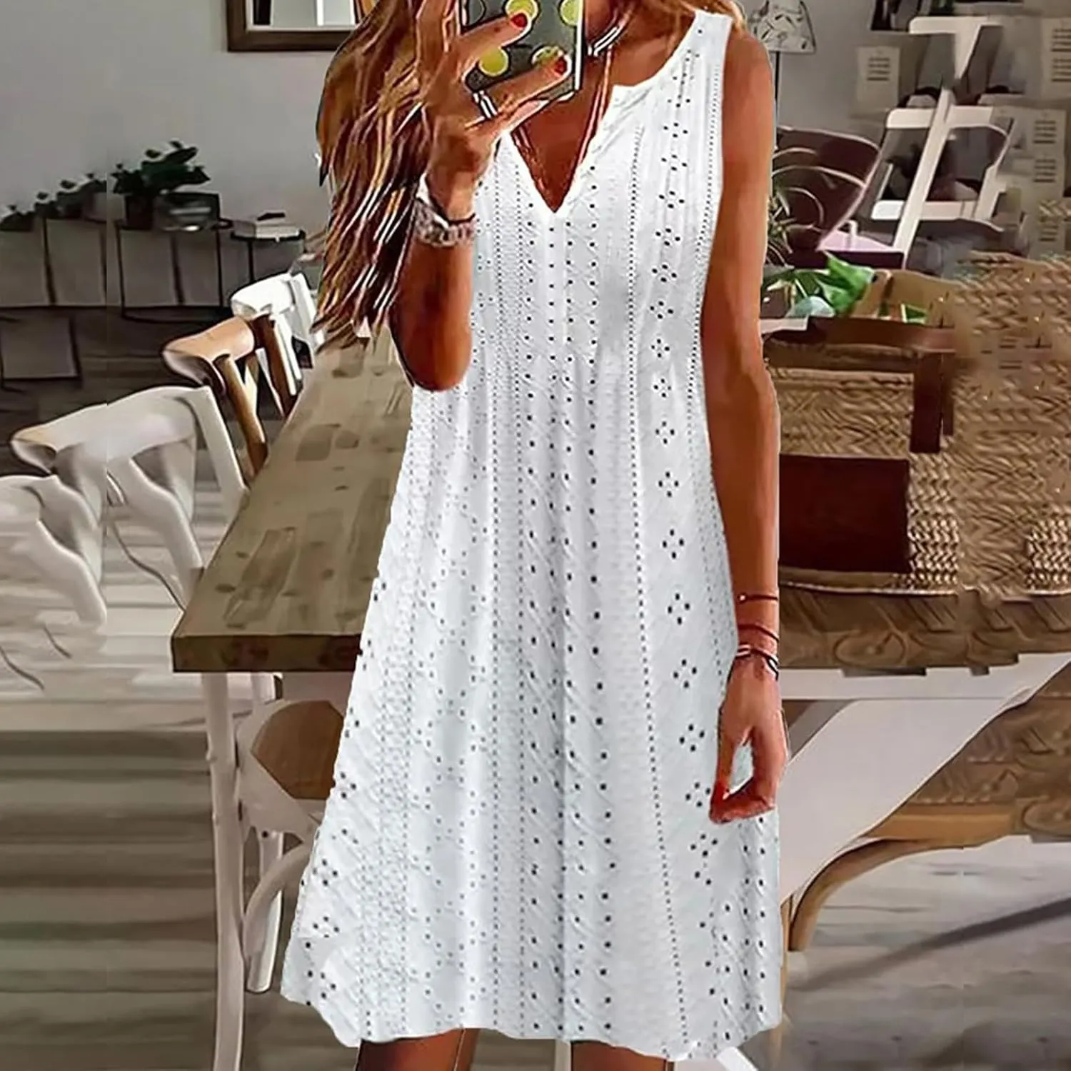 Summer Dresses for Women 2025 Trendy Casual V-Neck Sleeveless Solid Color Beach Sundress Loose Vacation Eyelet Dress