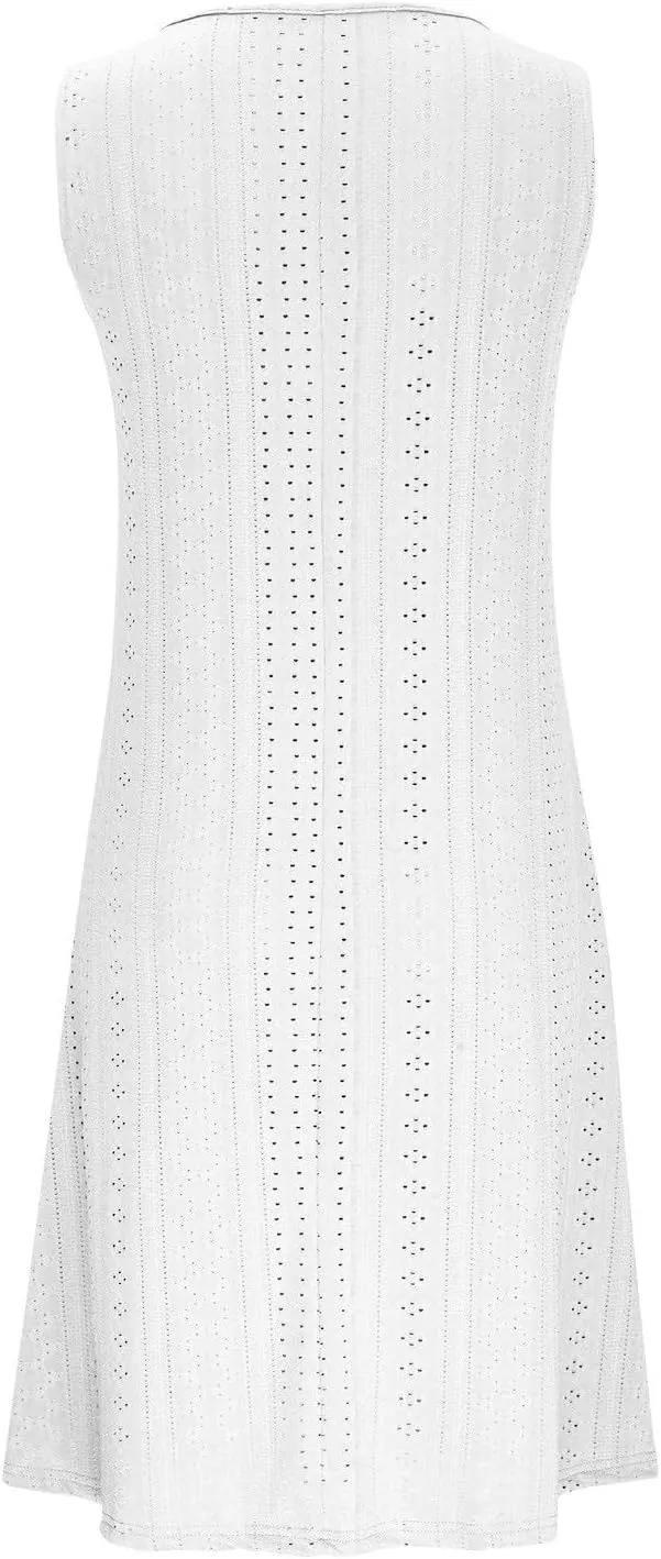Summer Dresses for Women 2025 Trendy Casual V-Neck Sleeveless Solid Color Beach Sundress Loose Vacation Eyelet Dress