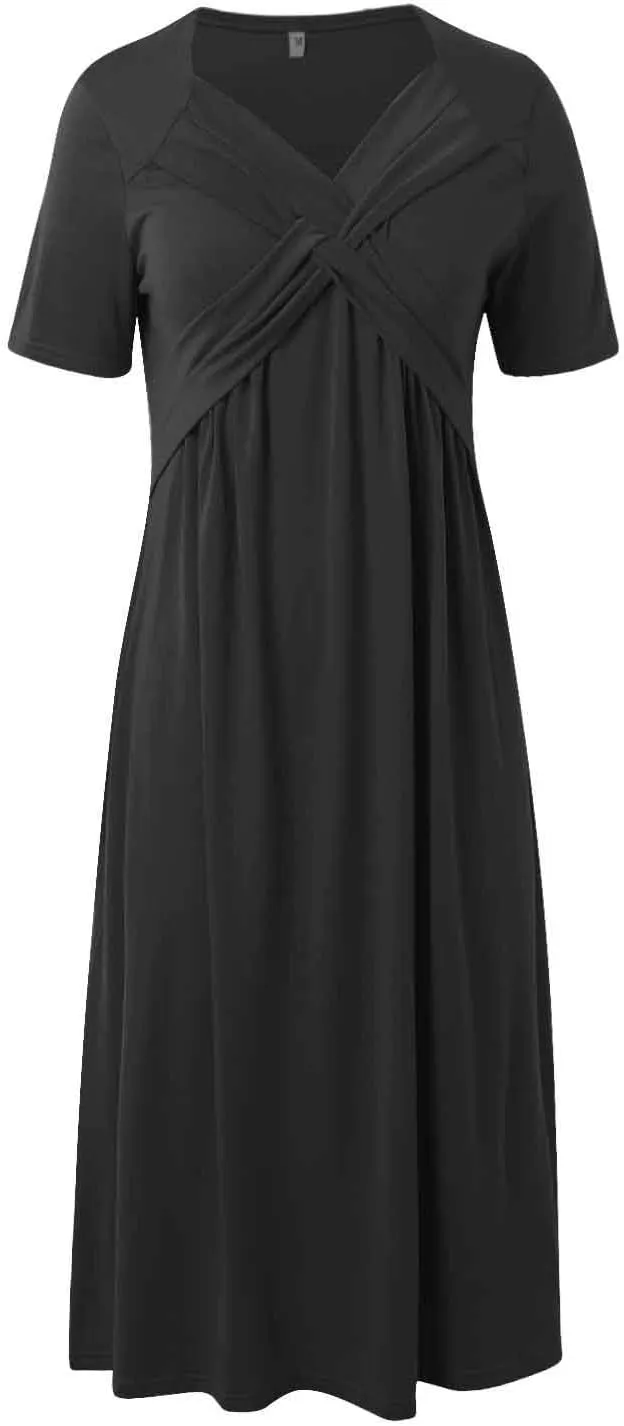 Summer Dresses for Women 2025 Vacation V Neck Short Sleeve Criss Cross Wrap Maxi Dress Flowy Beach Sundress with Pockets
