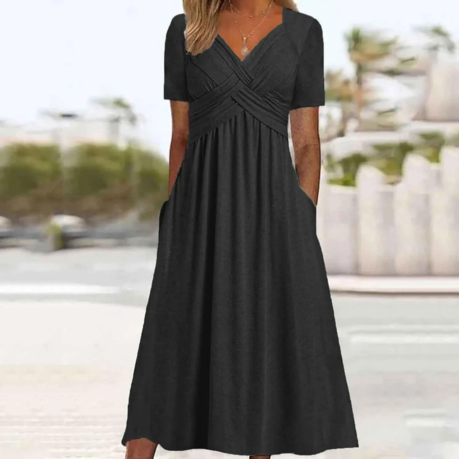 Summer Dresses for Women 2025 Vacation V Neck Short Sleeve Criss Cross Wrap Maxi Dress Flowy Beach Sundress with Pockets