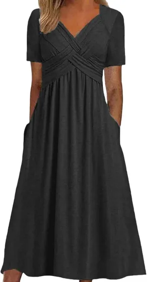 Summer Dresses for Women 2025 Vacation V Neck Short Sleeve Criss Cross Wrap Maxi Dress Flowy Beach Sundress with Pockets
