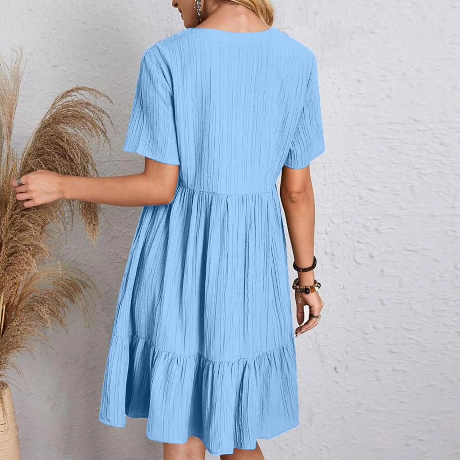 Summer Dresses for Women 2025 Vacation,Short Sleeve V Neck Mini T Shirt Dress Pleated Ruffle Flowy Beach Sundresses
