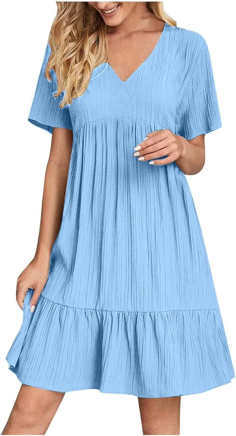 Summer Dresses for Women 2025 Vacation,Short Sleeve V Neck Mini T Shirt Dress Pleated Ruffle Flowy Beach Sundresses