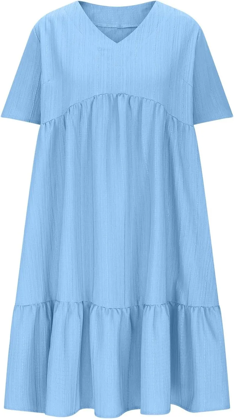 Summer Dresses for Women 2025 Vacation,Short Sleeve V Neck Mini T Shirt Dress Pleated Ruffle Flowy Beach Sundresses