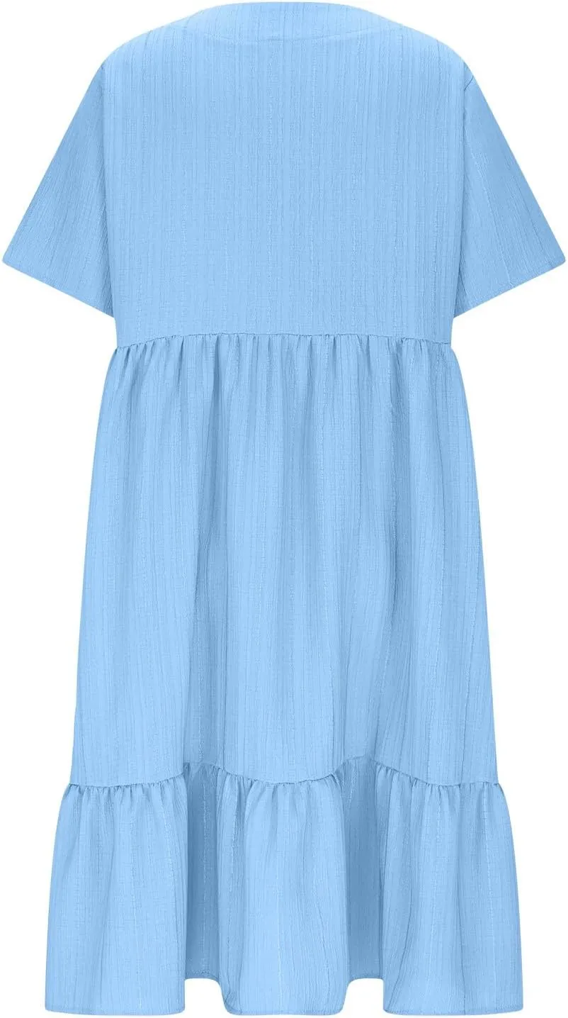 Summer Dresses for Women 2025 Vacation,Short Sleeve V Neck Mini T Shirt Dress Pleated Ruffle Flowy Beach Sundresses