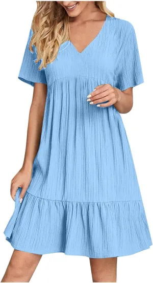 Summer Dresses for Women 2025 Vacation,Short Sleeve V Neck Mini T Shirt Dress Pleated Ruffle Flowy Beach Sundresses