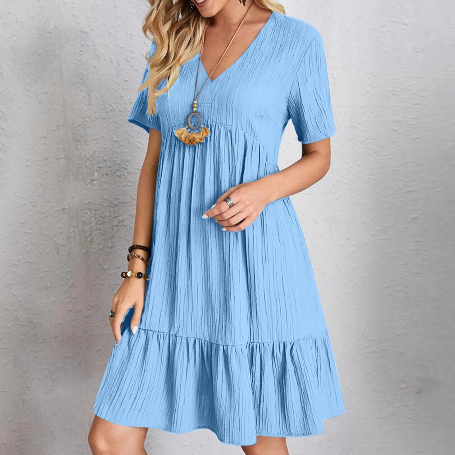Summer Dresses for Women 2025 Vacation,Short Sleeve V Neck Mini T Shirt Dress Pleated Ruffle Flowy Beach Sundresses