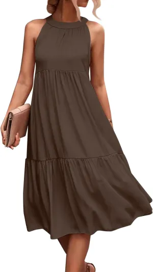 Summer Plus Size Sundresses for Women Trendy Off The Shoulder Sleeveless Halter Dress Casual Flowy Floral Midi Dress