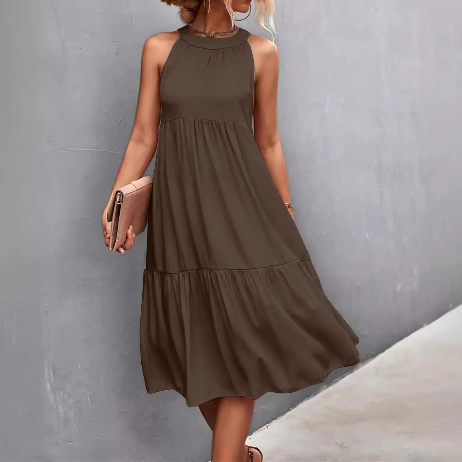 Summer Plus Size Sundresses for Women Trendy Off The Shoulder Sleeveless Halter Dress Casual Flowy Floral Midi Dress