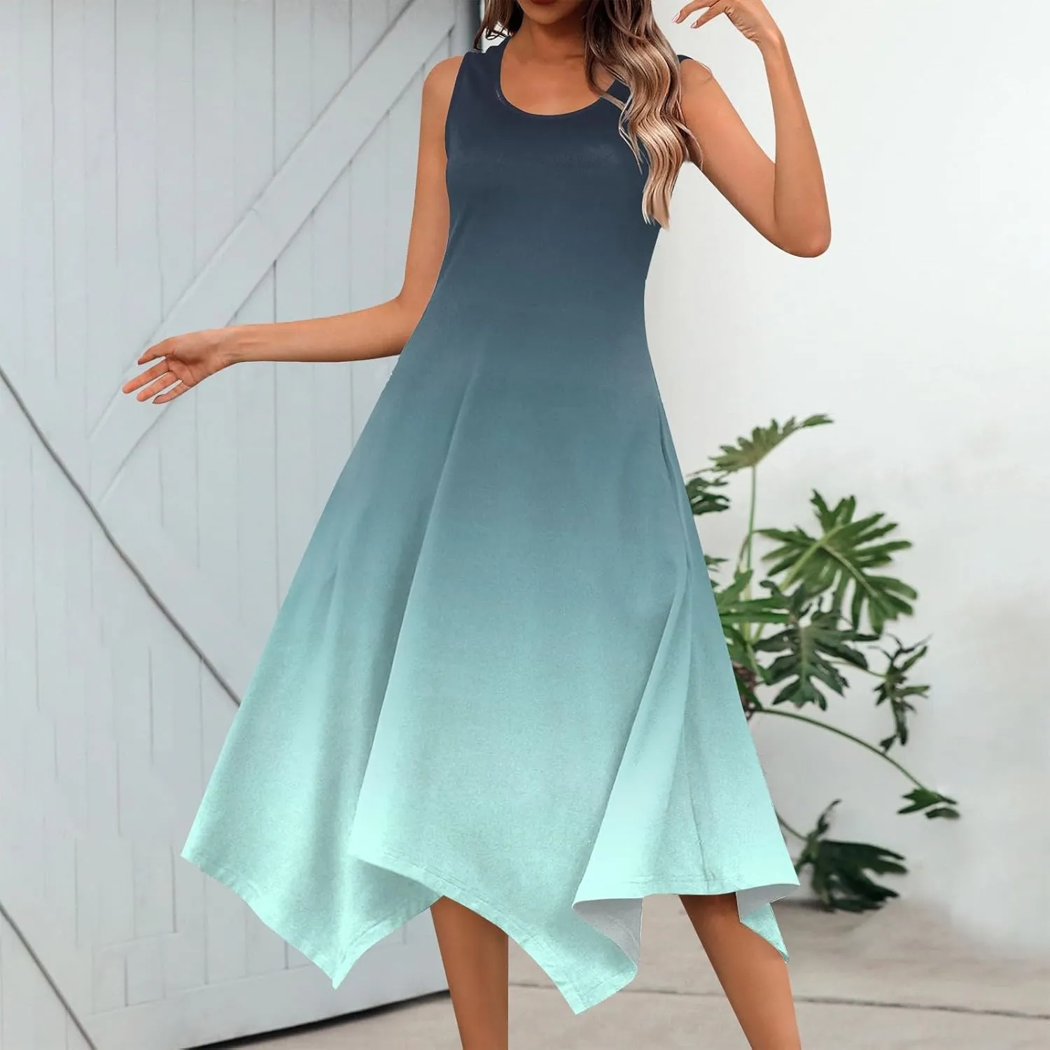 Sundresses for Women 2025 A-Line Sleeveless Tank Dress Handkerchief Hem Crewneck Boho Dress Casual Beach Dress