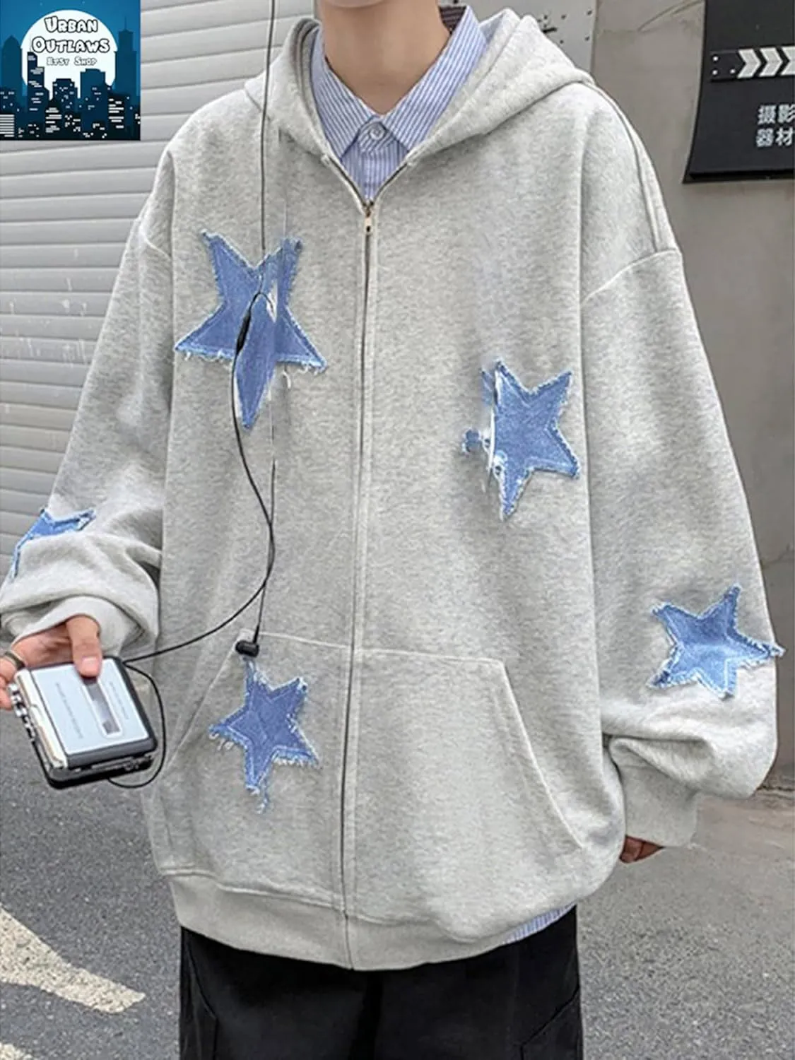 Sunwittafy Women Aesthetic Star Graphic Hoodie Y2k Zip Up Long Sleeve Oversized Sweatshirt Goth Jacket Vintage Streetwear