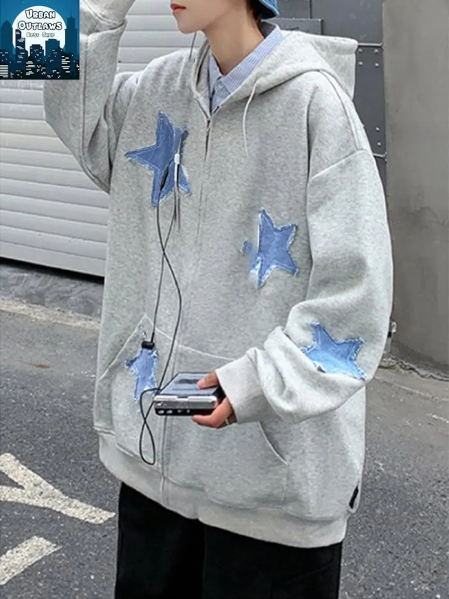 Sunwittafy Women Aesthetic Star Graphic Hoodie Y2k Zip Up Long Sleeve Oversized Sweatshirt Goth Jacket Vintage Streetwear