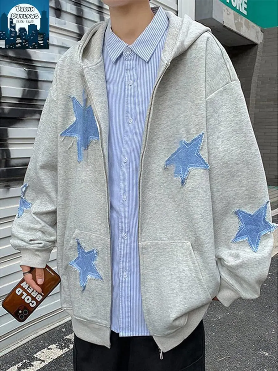 Sunwittafy Women Aesthetic Star Graphic Hoodie Y2k Zip Up Long Sleeve Oversized Sweatshirt Goth Jacket Vintage Streetwear
