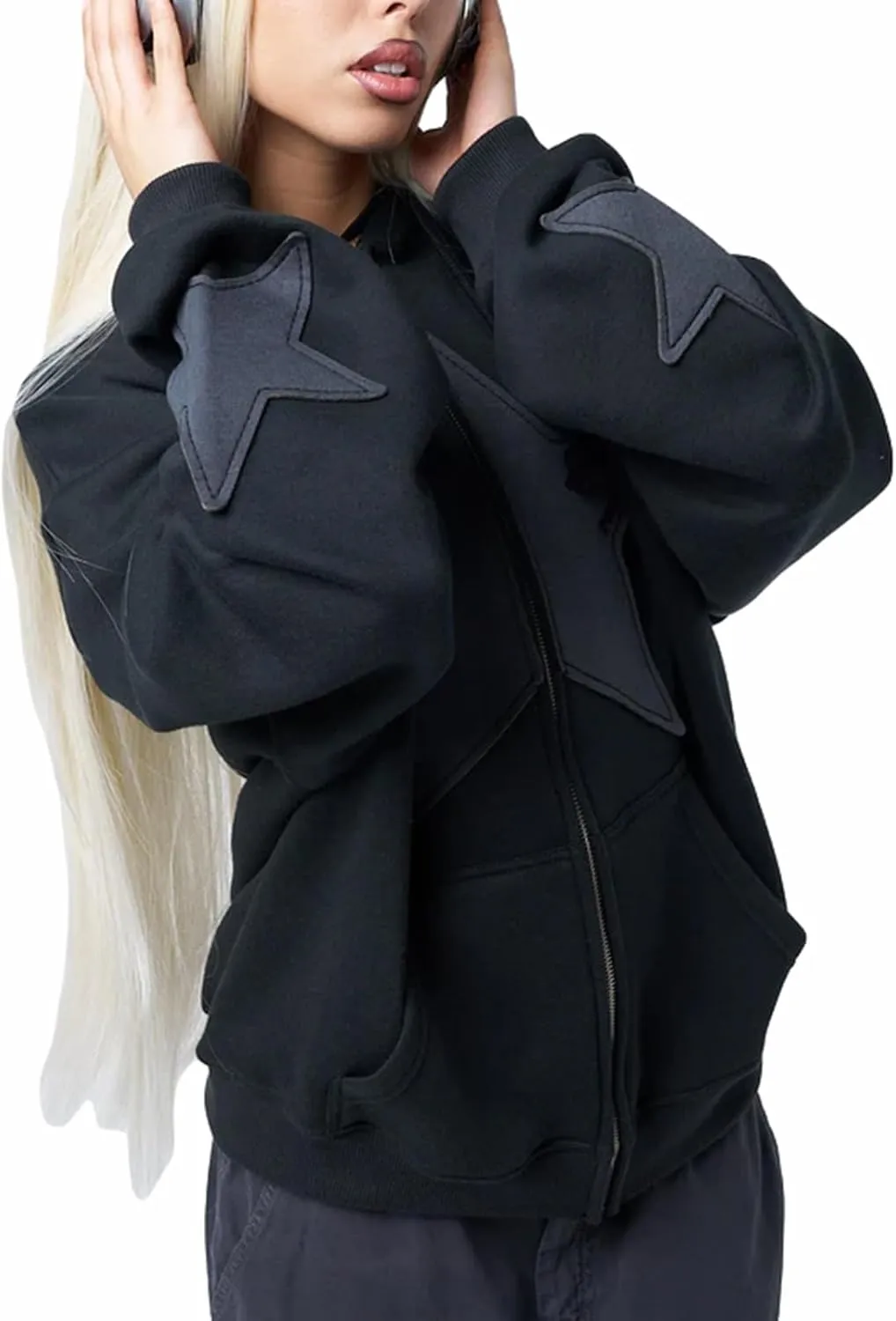 Sunwittafy Women Star Hoodie Y2k Zip Up Hoodies Long Sleeve Oversized Sweatshirt Vintage Punk Jacket Streetwear