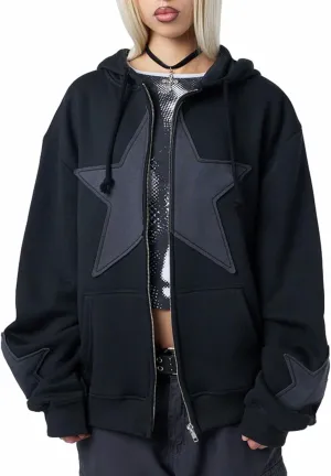 Sunwittafy Women Star Hoodie Y2k Zip Up Hoodies Long Sleeve Oversized Sweatshirt Vintage Punk Jacket Streetwear